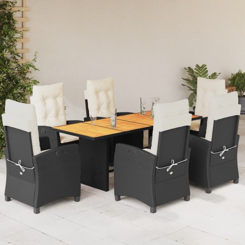 7 pcs conjunto de jantar p/ jardim c/ almofadões vime PE preto-Conjuntos de jardim-Home Retail