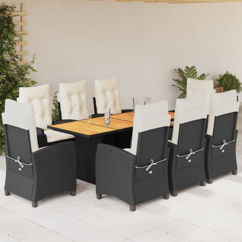 9 pcs conjunto de jantar p/ jardim c/ almofadões vime PE preto-Conjuntos de jardim-Home Retail