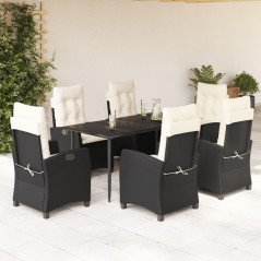 7 pcs conjunto de jantar p/ jardim c/ almofadões vime PE preto