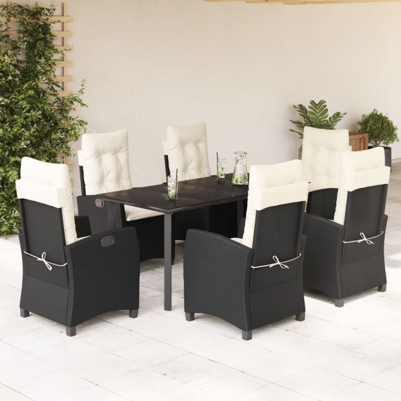 7 pcs conjunto de jantar p/ jardim c/ almofadões vime PE preto-Conjuntos de jardim-Home Retail