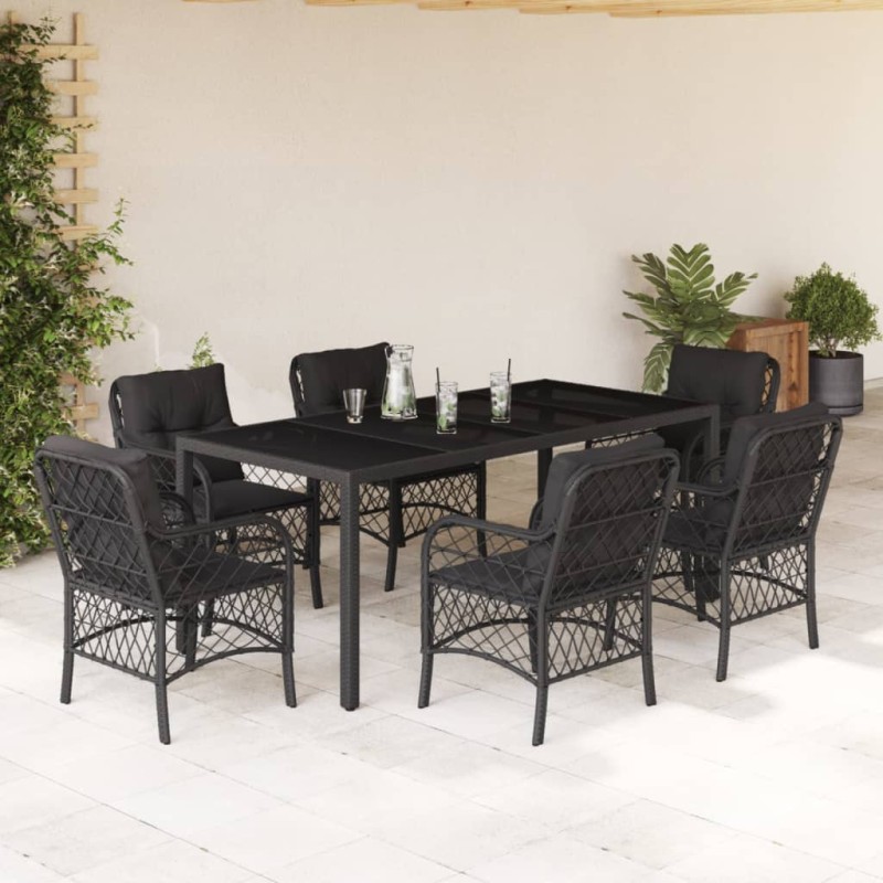 7 pcs conjunto de jantar p/ jardim c/ almofadões vime PE preto-Conjuntos de jardim-Home Retail