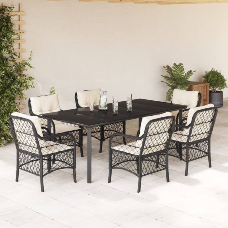 7 pcs conjunto de jantar p/ jardim c/ almofadões vime PE preto-Conjuntos de jardim-Home Retail