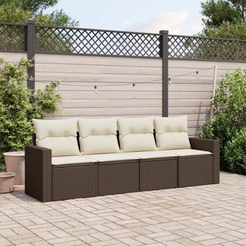 4 pcs conjunto sofás de jardim c/ almofadões vime PE castanho-Unidades de sofá com módulos externos-Home Retail