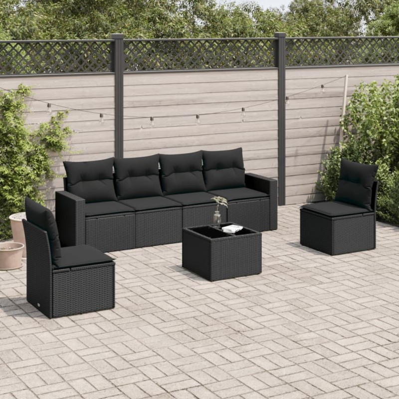 7 pcs conjunto de sofás p/ jardim c/ almofadões vime PE preto-Unidades de sofá com módulos externos-Home Retail