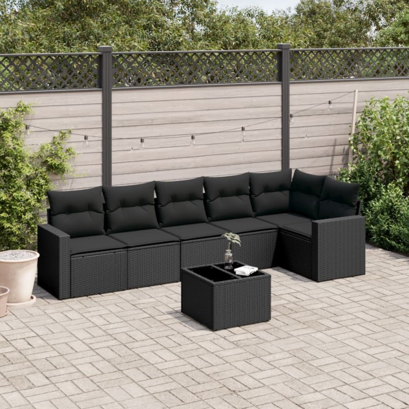 7 pcs conjunto de sofás p/ jardim c/ almofadões vime PE preto-Unidades de sofá com módulos externos-Home Retail