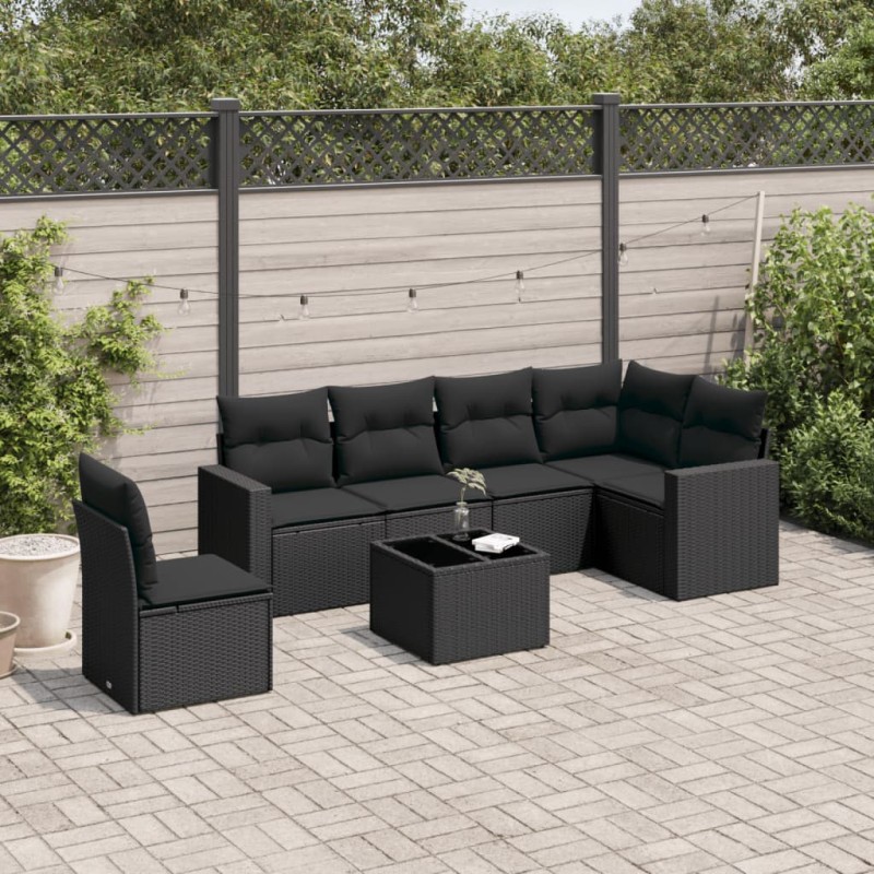 7 pcs conjunto de sofás p/ jardim c/ almofadões vime PE preto-Unidades de sofá com módulos externos-Home Retail