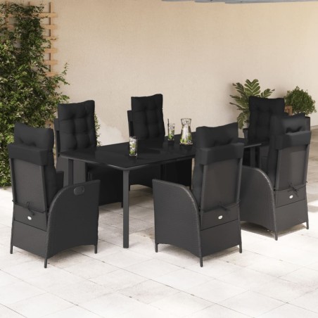 7 pcs conjunto de jantar p/ jardim c/ almofadões vime PE preto