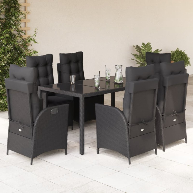 7 pcs conjunto de jantar p/ jardim c/ almofadões vime PE preto-Conjuntos de jardim-Home Retail