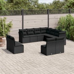 11 pcs conjunto sofás de jardim c/ almofadões vime PE preto