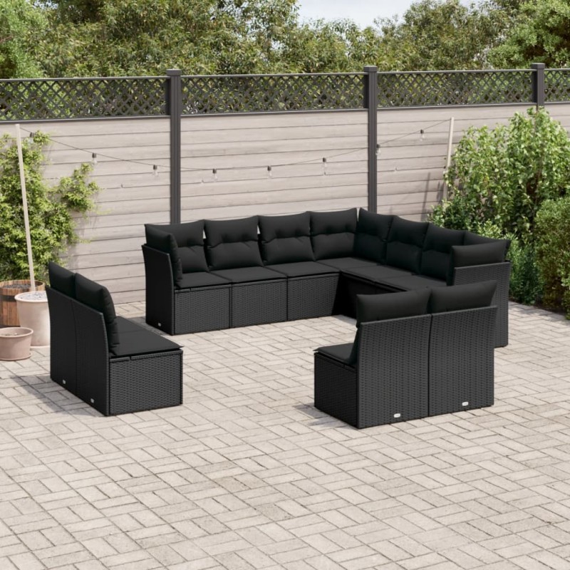 11 pcs conjunto sofás de jardim c/ almofadões vime PE preto-Conjuntos de jardim-Home Retail