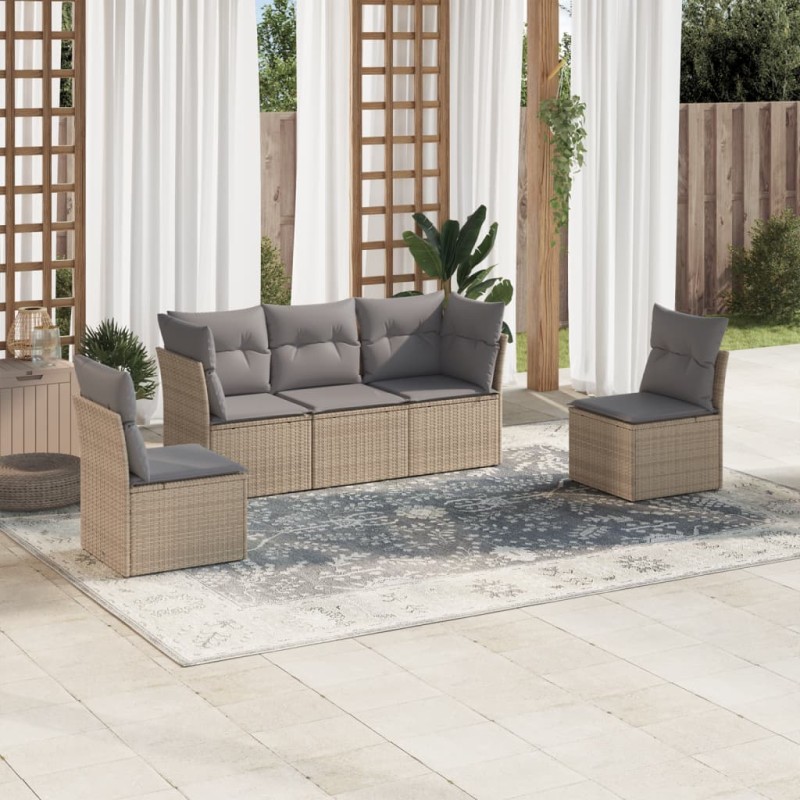 5 pcs conjunto de sofás p/ jardim com almofadões vime PE bege-Conjuntos de jardim-Home Retail