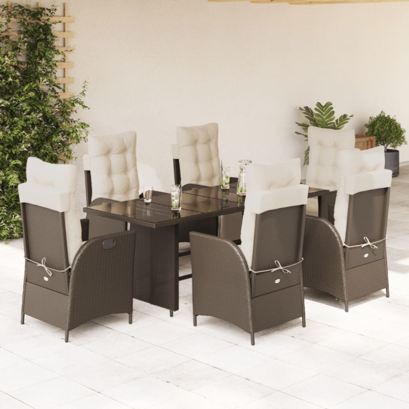 7 pcs conjunto jantar p/ jardim c/ almofadões vime PE castanho-Conjuntos de jardim-Home Retail