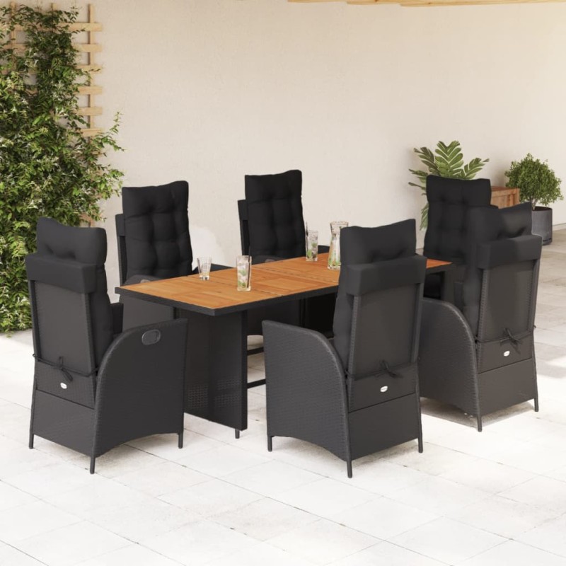 7 pcs conjunto de jantar p/ jardim c/ almofadões vime PE preto-Conjuntos de jardim-Home Retail