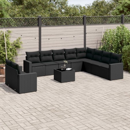 11 pcs conjunto sofás de jardim c/ almofadões vime PE preto