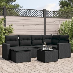 7 pcs conjunto de sofás p/ jardim c/ almofadões vime PE preto