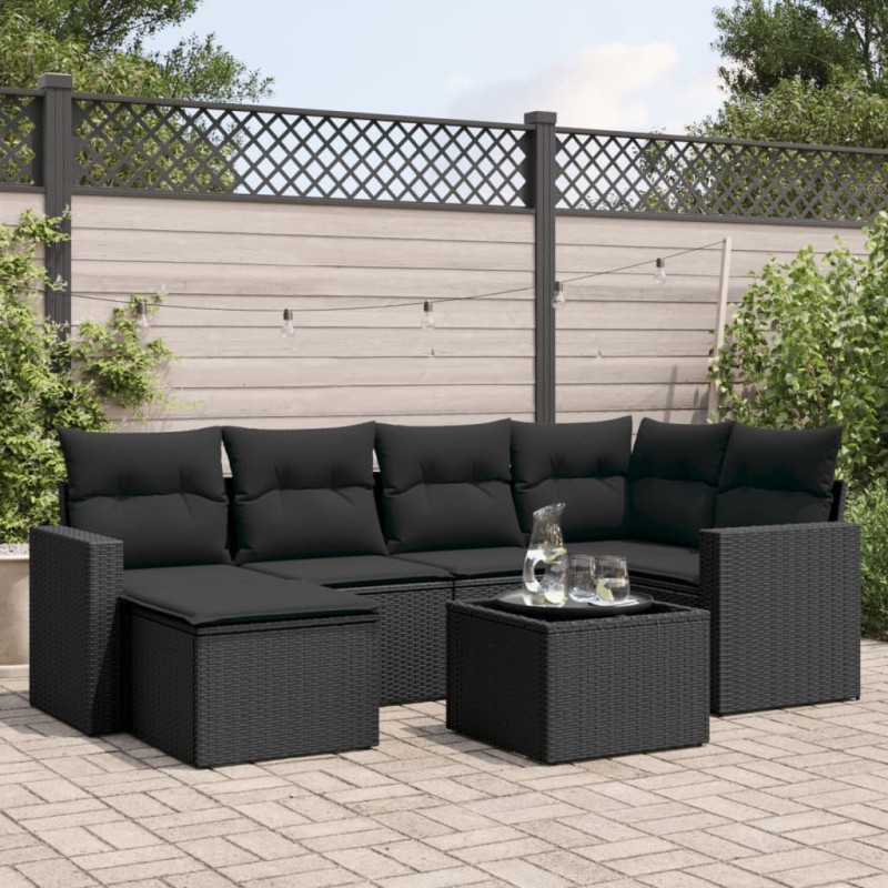 7 pcs conjunto de sofás p/ jardim c/ almofadões vime PE preto-Unidades de sofá com módulos externos-Home Retail