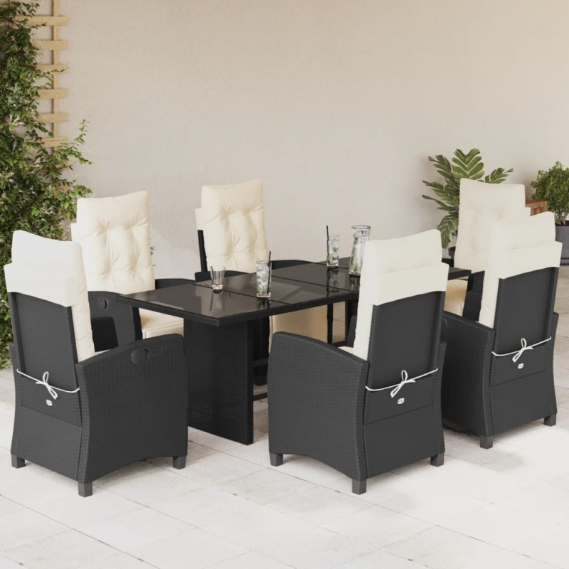 7 pcs conjunto de jantar p/ jardim c/ almofadões vime PE preto-Conjuntos de jardim-Home Retail