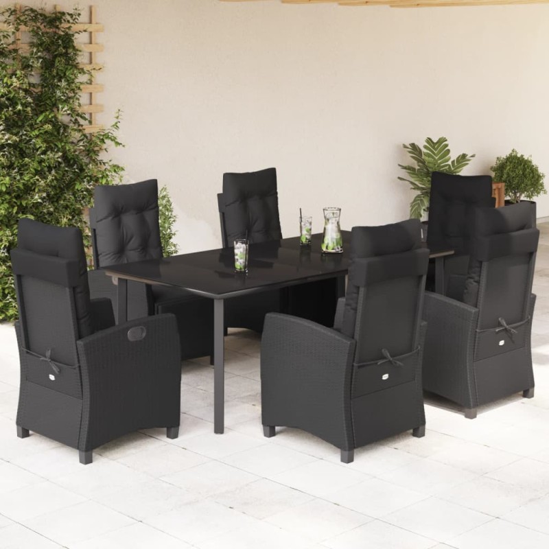 7 pcs conjunto de jantar p/ jardim c/ almofadões vime PE preto-Conjuntos de jardim-Home Retail