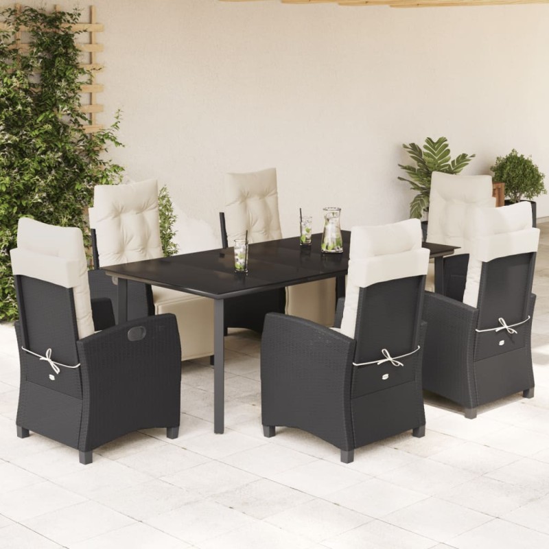 7 pcs conjunto de jantar p/ jardim c/ almofadões vime PE preto-Conjuntos de jardim-Home Retail