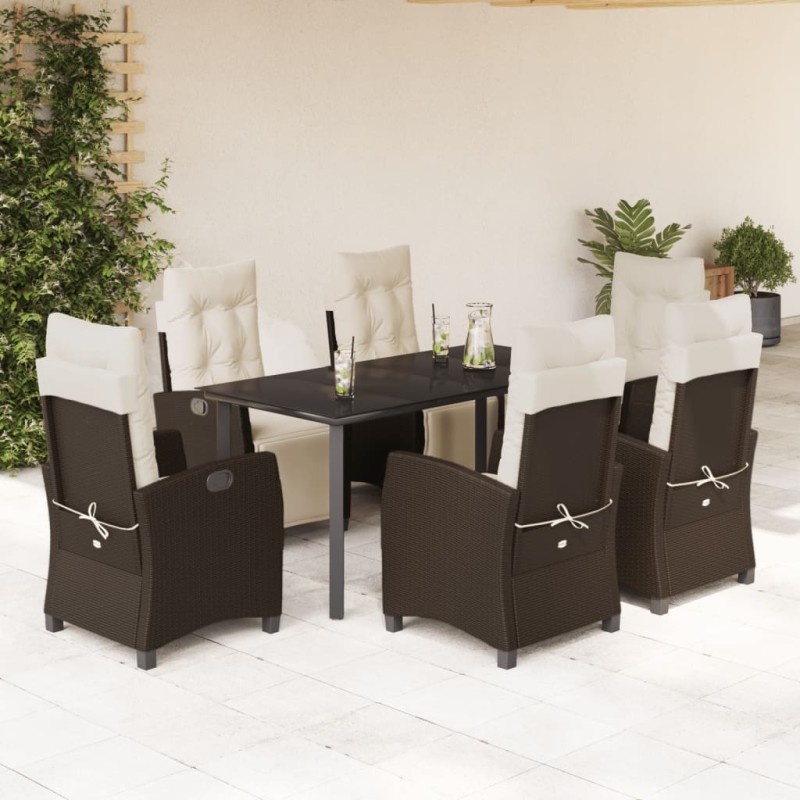 7 pcs conjunto jantar p/ jardim c/ almofadões vime PE castanho-Conjuntos de jardim-Home Retail