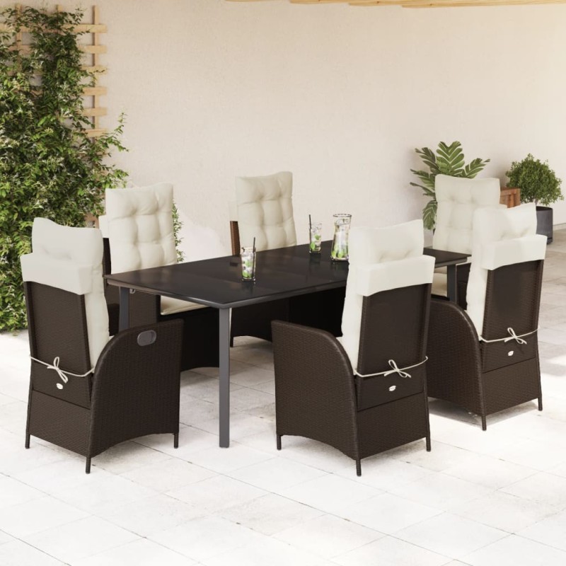 7 pcs conjunto jantar p/ jardim c/ almofadões vime PE castanho-Conjuntos de jardim-Home Retail