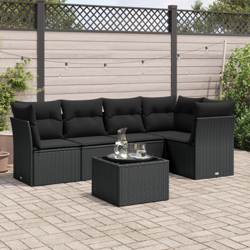 6 pcs conjunto sofás de jardim c/ almofadões vime PE preto-Conjuntos de jardim-Home Retail