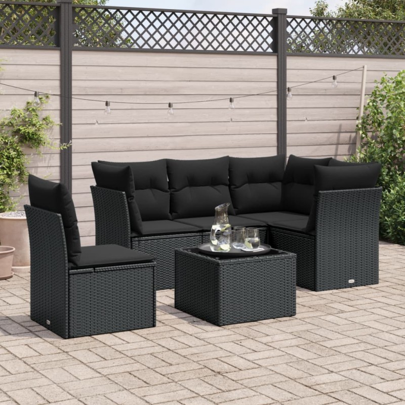 6 pcs conjunto sofás de jardim c/ almofadões vime PE preto-Conjuntos de jardim-Home Retail