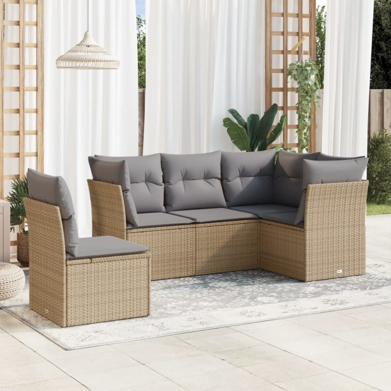 5 pcs conjunto de sofás p/ jardim com almofadões vime PE bege-Conjuntos de jardim-Home Retail