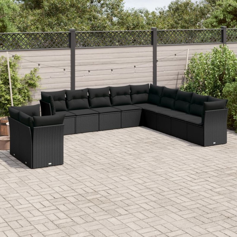 11 pcs conjunto sofás de jardim c/ almofadões vime PE preto-Conjuntos de jardim-Home Retail