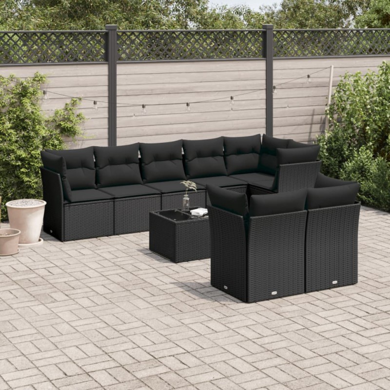 9 pcs conjunto de sofás p/ jardim c/ almofadões vime PE preto-Conjuntos de jardim-Home Retail