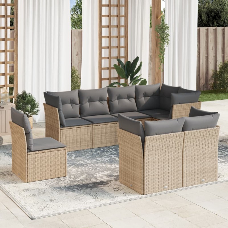 8 pcs conjunto de sofás p/ jardim com almofadões vime PE bege-Conjuntos de jardim-Home Retail