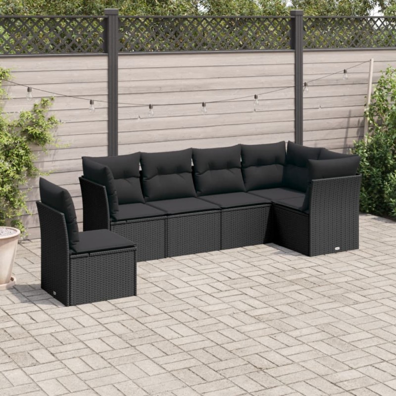 6 pcs conjunto sofás de jardim c/ almofadões vime PE preto-Conjuntos de jardim-Home Retail