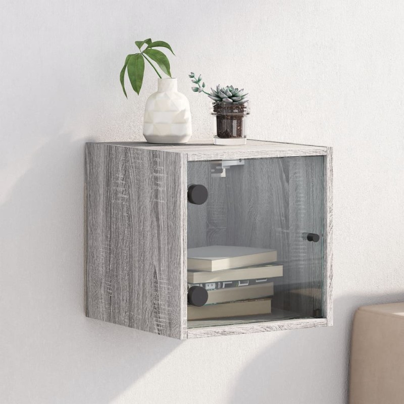 Mesa de cabeceira c/ porta de vidro 35x37x35 cm cinzento sonoma-Mesas-de-cabeceira-Home Retail