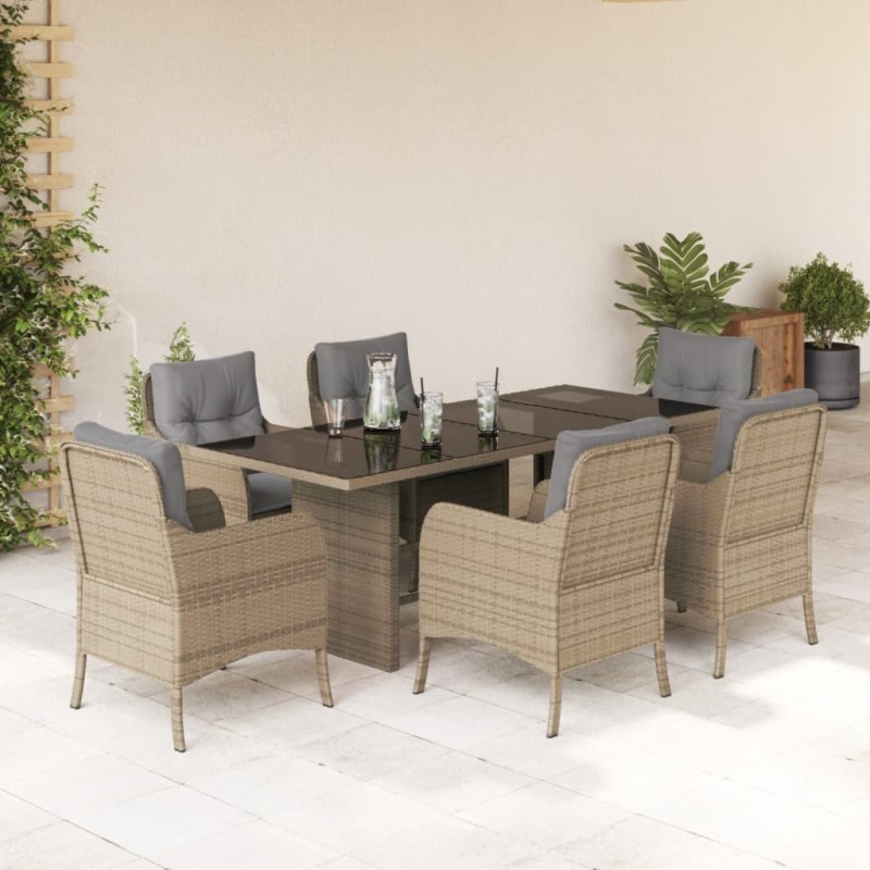 7 pcs conjunto de jantar p/ jardim com almofadões vime PE bege-Conjuntos de jardim-Home Retail