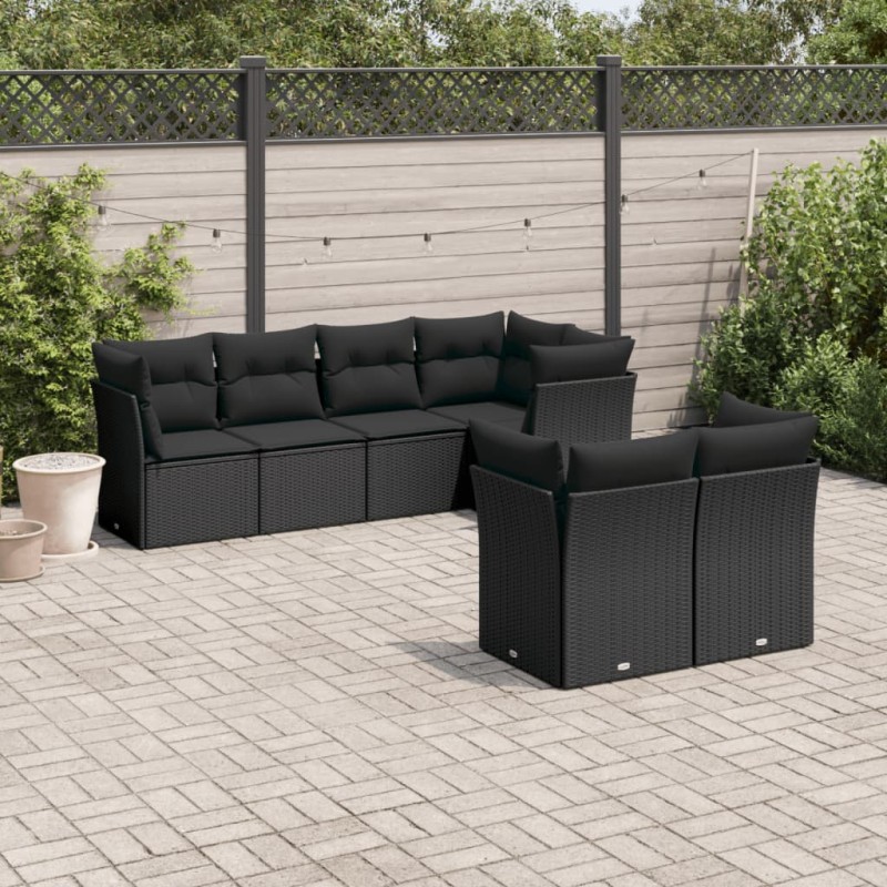 7 pcs conjunto de sofás p/ jardim c/ almofadões vime PE preto-Conjuntos de jardim-Home Retail