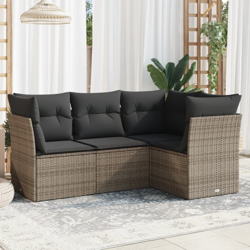 4 pcs conjunto sofás de jardim c/ almofadões vime PE cinzento-Conjuntos de jardim-Home Retail