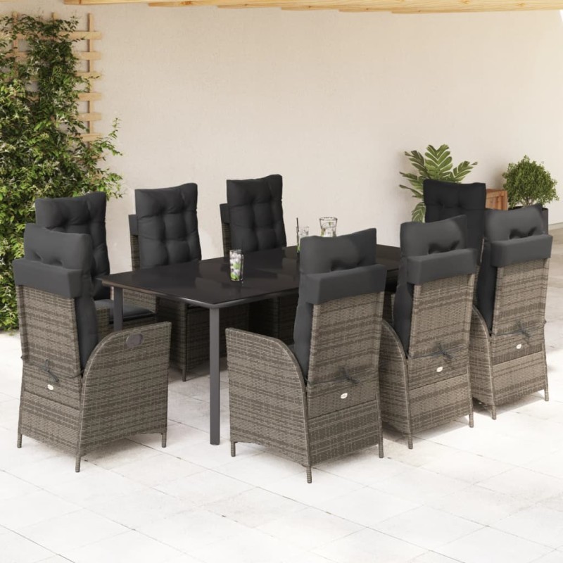 9 pcs conjunto de jantar p/ jardim c/ almofadões vime PE cinza-Conjuntos de jardim-Home Retail