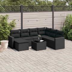 8 pcs conjunto sofás de jardim com almofadões vime PE preto