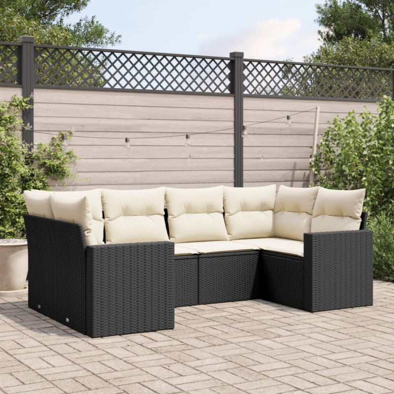 6 pcs conjunto sofás de jardim c/ almofadões vime PE preto-Unidades de sofá com módulos externos-Home Retail