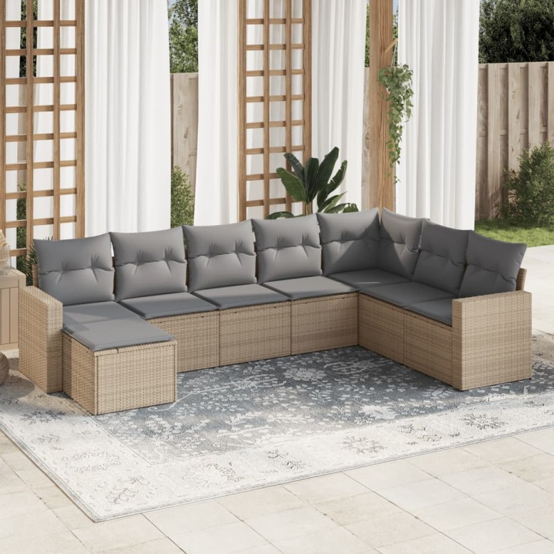 8 pcs conjunto de sofás p/ jardim com almofadões vime PE bege-Unidades de sofá com módulos externos-Home Retail