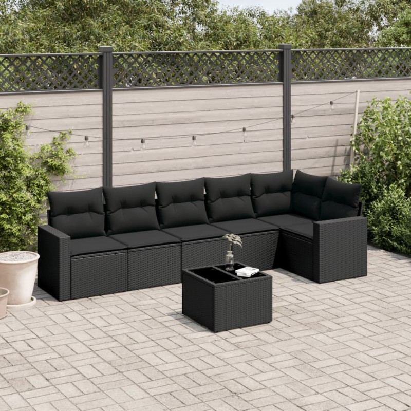 7 pcs conjunto de sofás p/ jardim c/ almofadões vime PE preto-Conjuntos de jardim-Home Retail