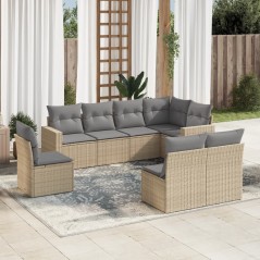 8 pcs conjunto de sofás p/ jardim com almofadões vime PE bege