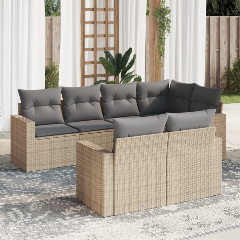 7 pcs conjunto de sofás p/ jardim com almofadões vime PE bege-Unidades de sofá com módulos externos-Home Retail