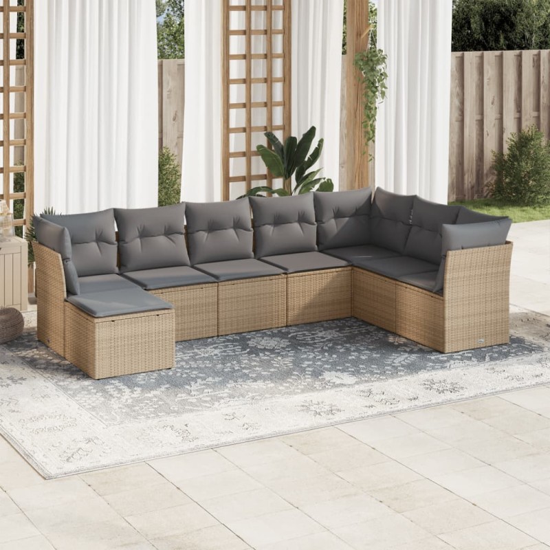 8 pcs conjunto de sofás p/ jardim com almofadões vime PE bege-Conjuntos de jardim-Home Retail