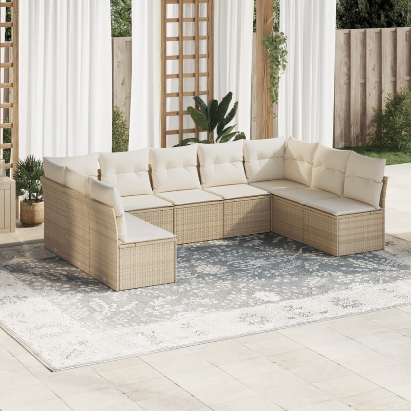 9 pcs conjunto de sofás p/ jardim com almofadões vime PE bege-Conjuntos de jardim-Home Retail