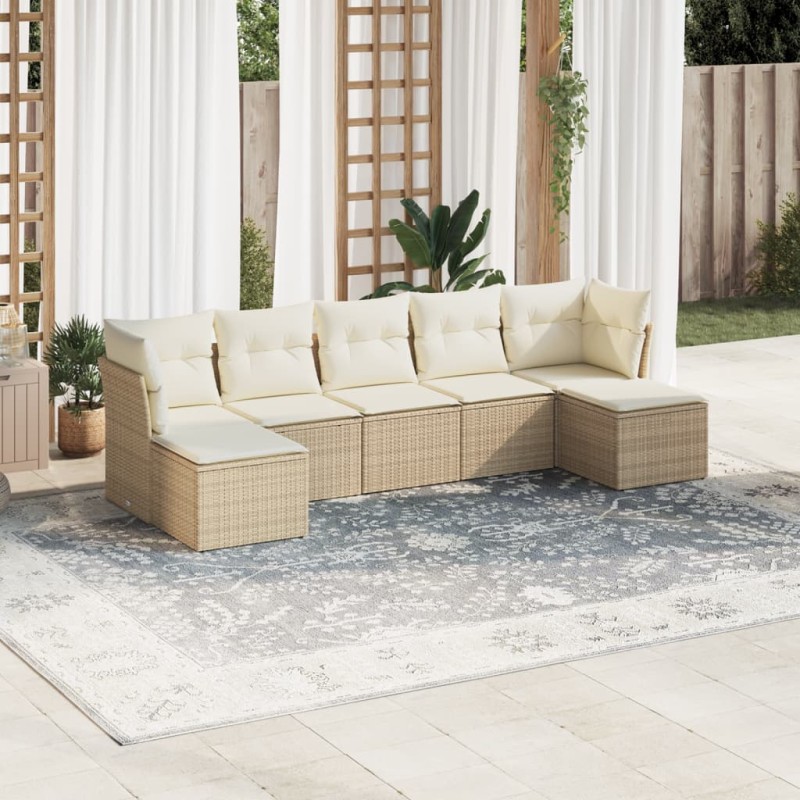 7 pcs conjunto de sofás p/ jardim com almofadões vime PE bege-Conjuntos de jardim-Home Retail