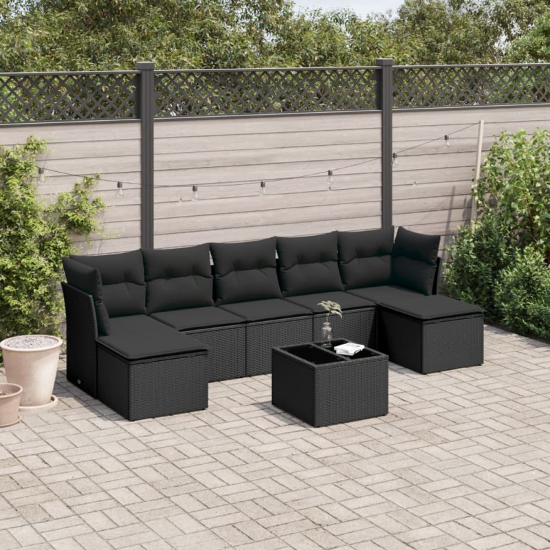 8 pcs conjunto sofás de jardim com almofadões vime PE preto-Conjuntos de jardim-Home Retail