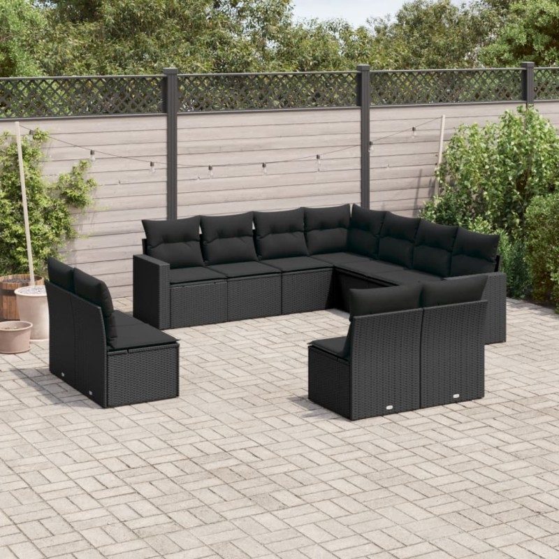 11 pcs conjunto sofás de jardim c/ almofadões vime PE preto-Conjuntos de jardim-Home Retail