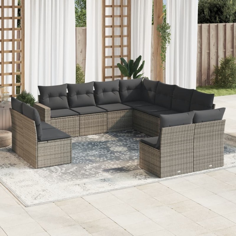 11 pcs conjunto sofás de jardim c/ almofadões vime PE cinzento-Conjuntos de jardim-Home Retail