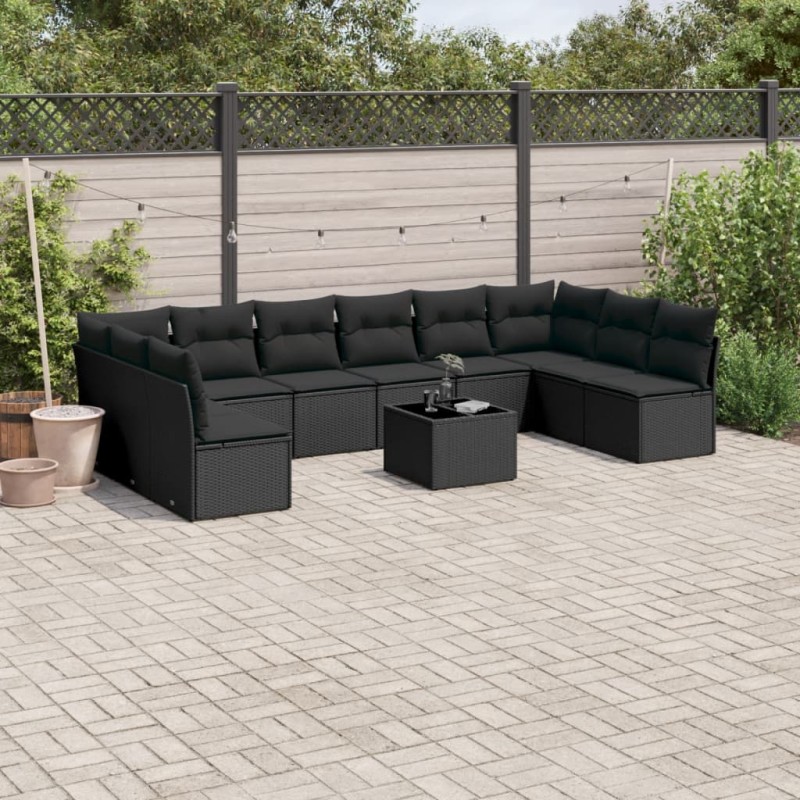 11 pcs conjunto sofás de jardim c/ almofadões vime PE preto-Conjuntos de jardim-Home Retail